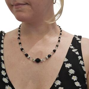 Vintage 1920s Style Art Deco Choker Necklace CRYSTAL & BLACK Silver BEADS Dressy